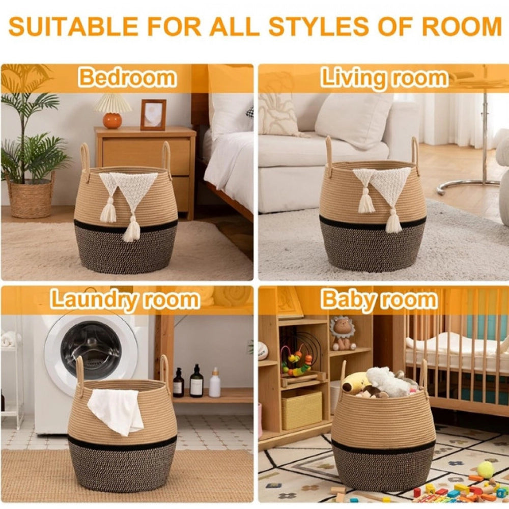 Beige black cotton Matka storage basket (14x12 inches), versatile organizer for bathroom, living room, kitchen, or kids toys