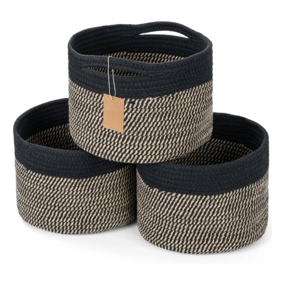 Black-Beige cotton 9x7 inch 3-pack storage baskets for clothes multi-purpose organization in living room, kitchen, bathroom, or kid's toys