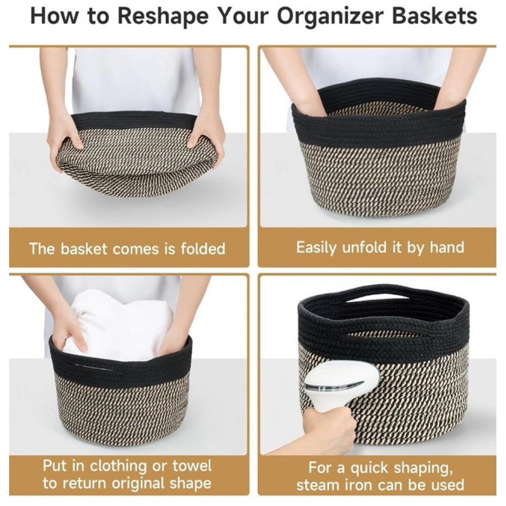 Black-Beige cotton 9x7 inch storage baskets pack of 3 for clothes organization
