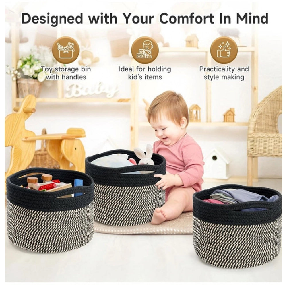 Black-Beige cotton storage baskets (3 pack) - versatile solution for organizing clothes, bathroom, kitchen, or kid's toys