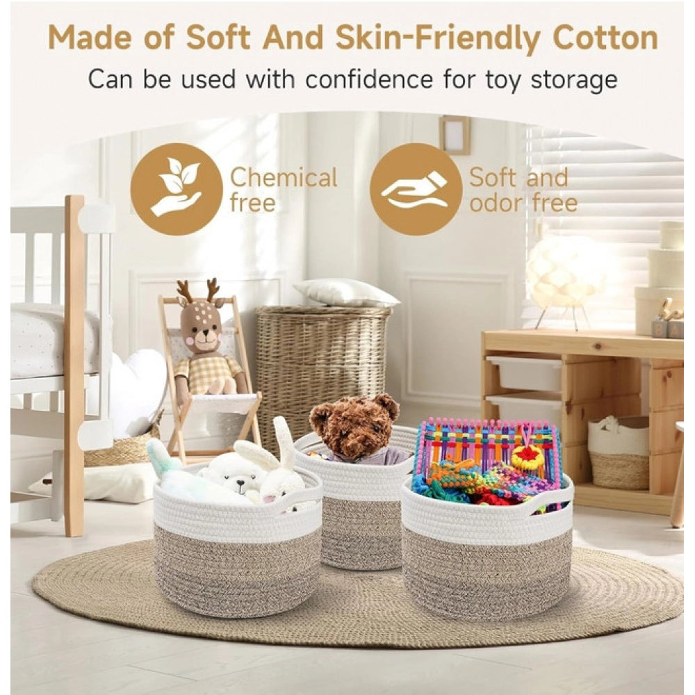Kidi White cotton storage baskets (9x7in), pack of 3 for kids toys, bathroom, living room & kitchen organizer