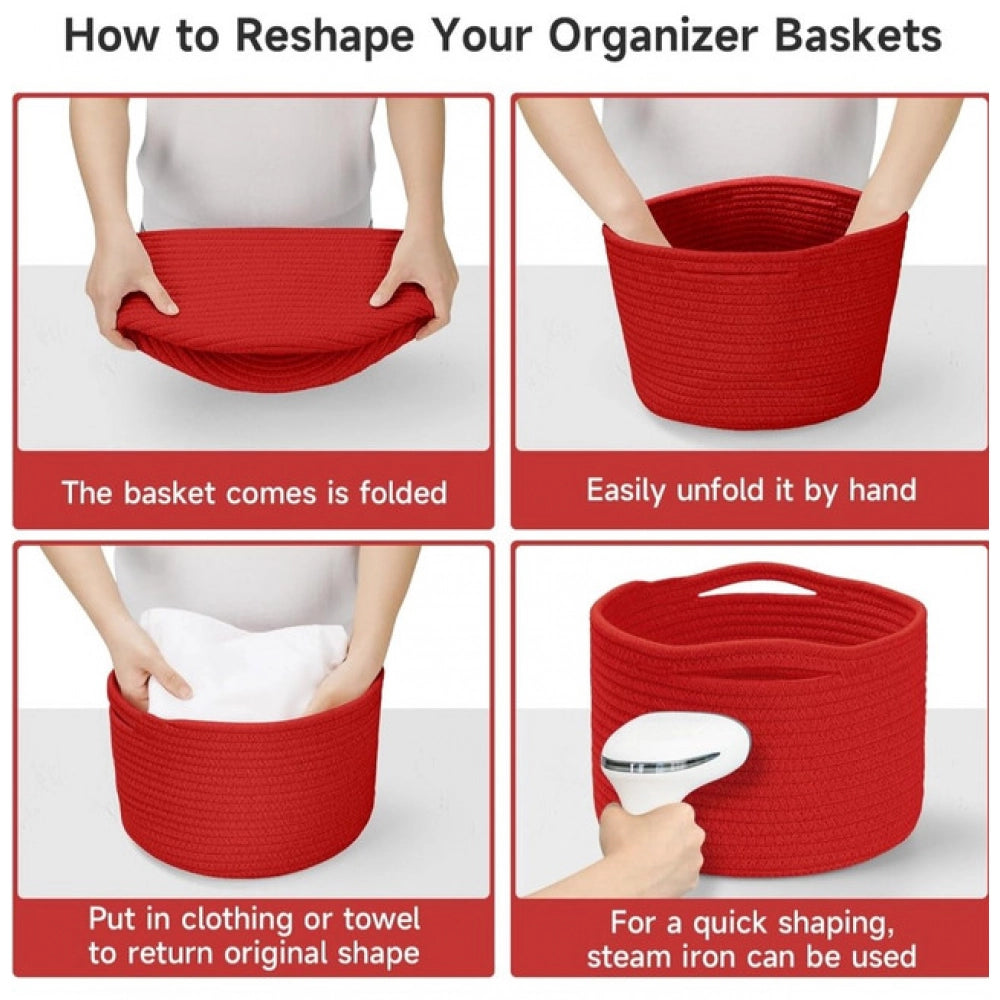 Red cotton 9x7 inch 3-pack storage baskets for clothes, versatile organizer for living room, bathroom, kitchen