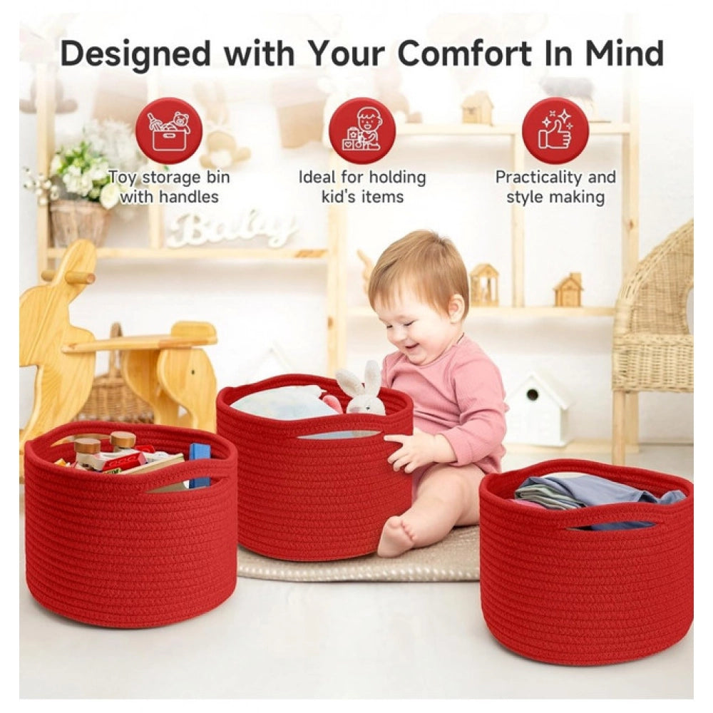 Red cotton 9x7 inch multi-purpose storage baskets pack of 3 for home organization