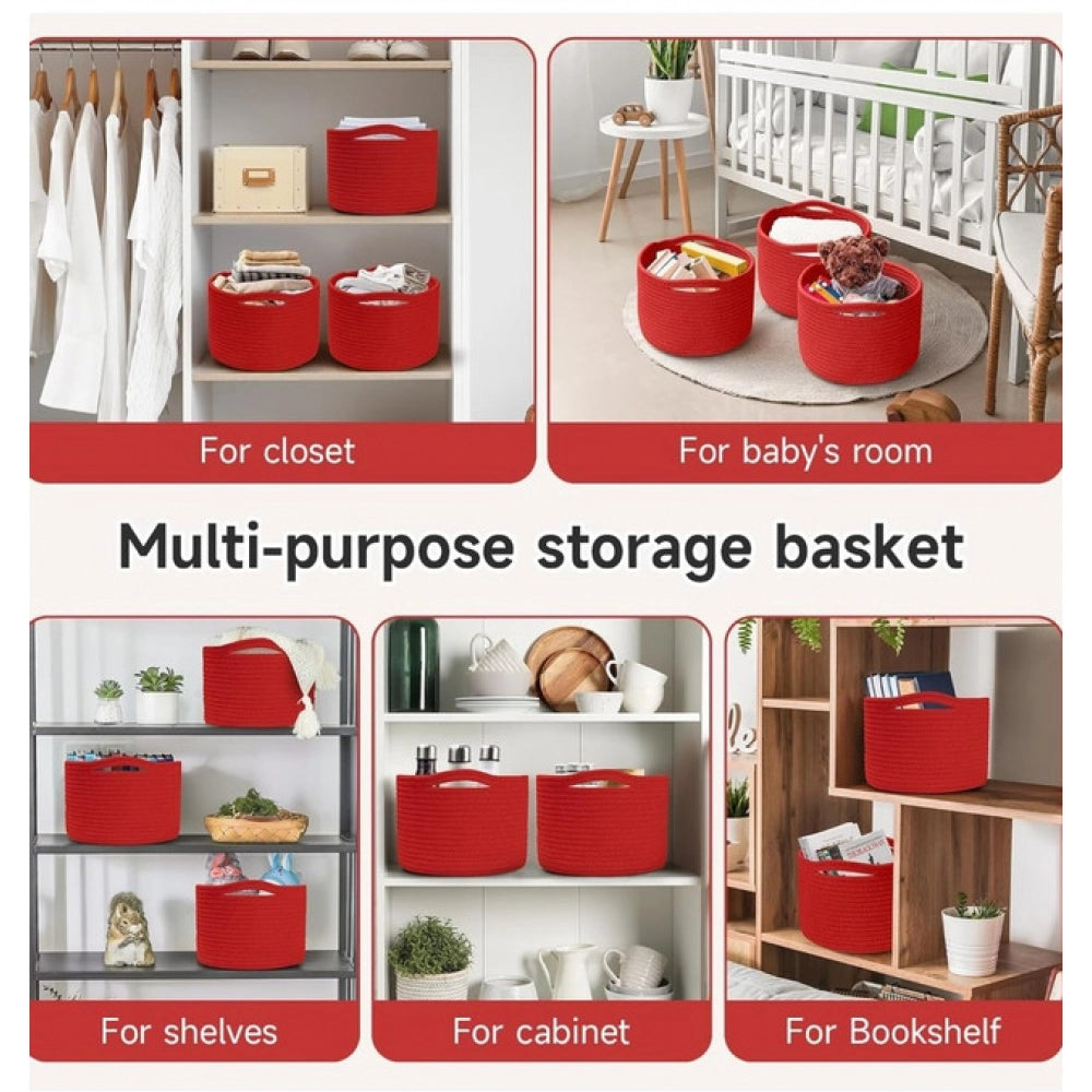Red cotton 9x7 inch pack of 3 storage baskets for clothes multi-purpose organizer
