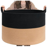 Cotton 16x14 Inch Pack of 1 Storage Basket For Clothes (Black-Beige)