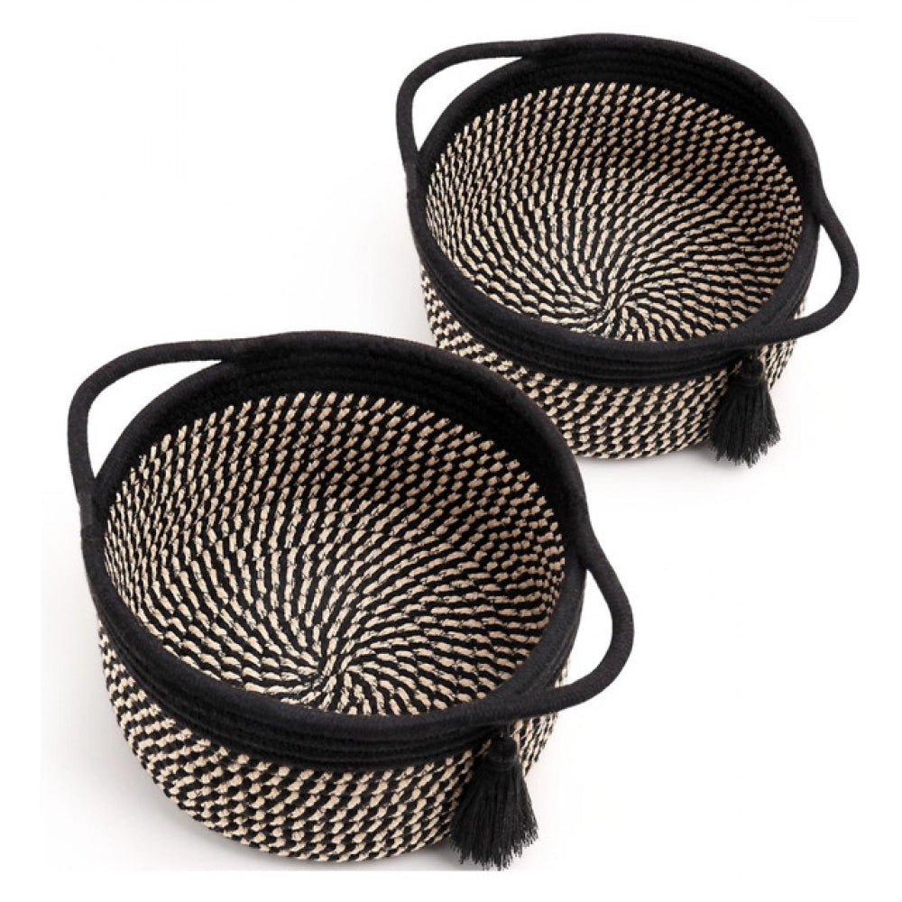 Black Beige cotton round storage baskets set with Jhalar bedside organizer for bathroom, living room & kitchen use, multi-purpose organizers for toys or clothes