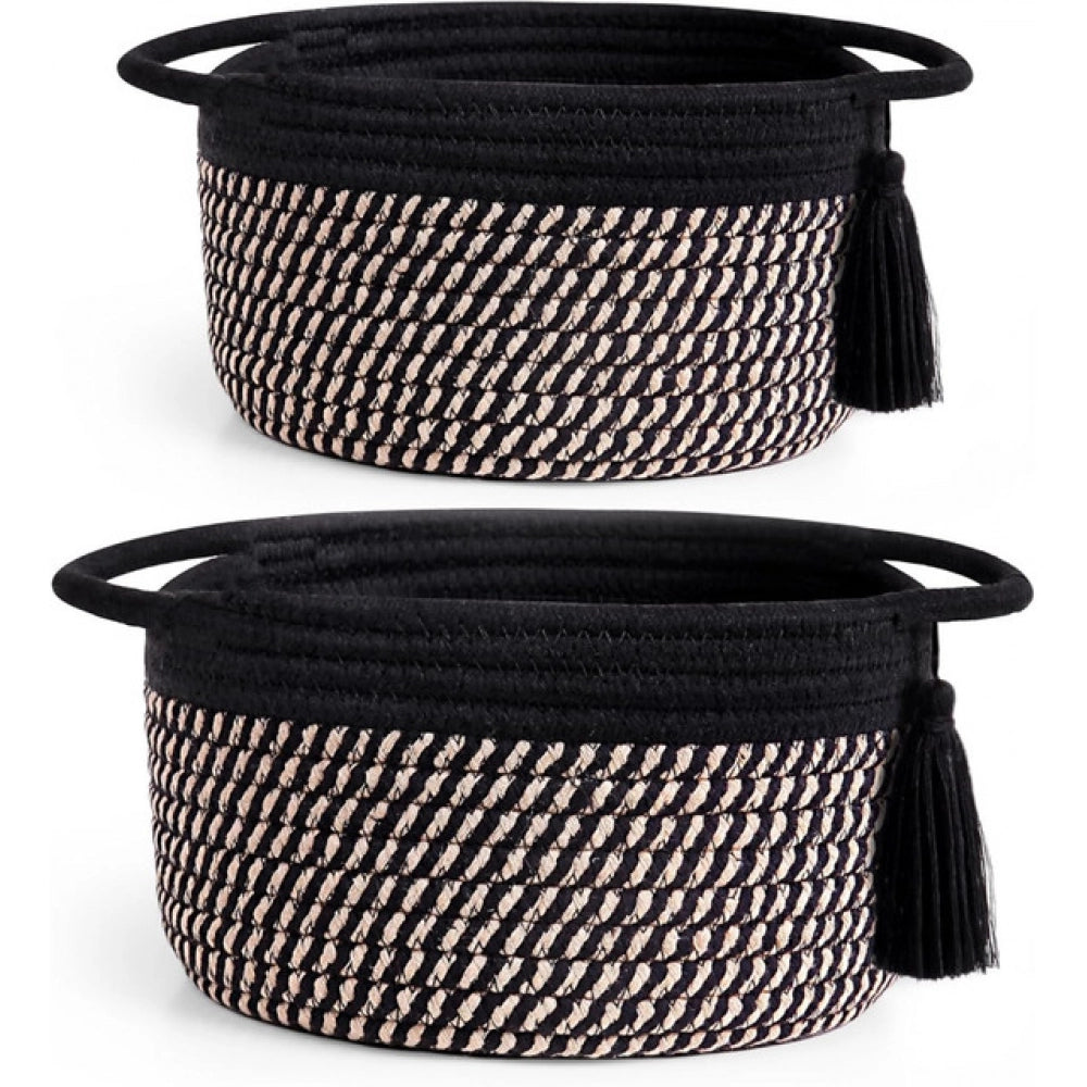 Black beige cotton round 2-set with Jhalar organizer - versatile storage baskets for living room, bathroom & kitchen