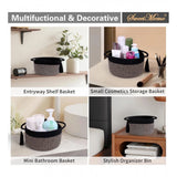 Black beige cotton round storage baskets set with Jhalar bedside organizer, perfect for bathroom, living room & kitchen organization, kids toys or clothing
