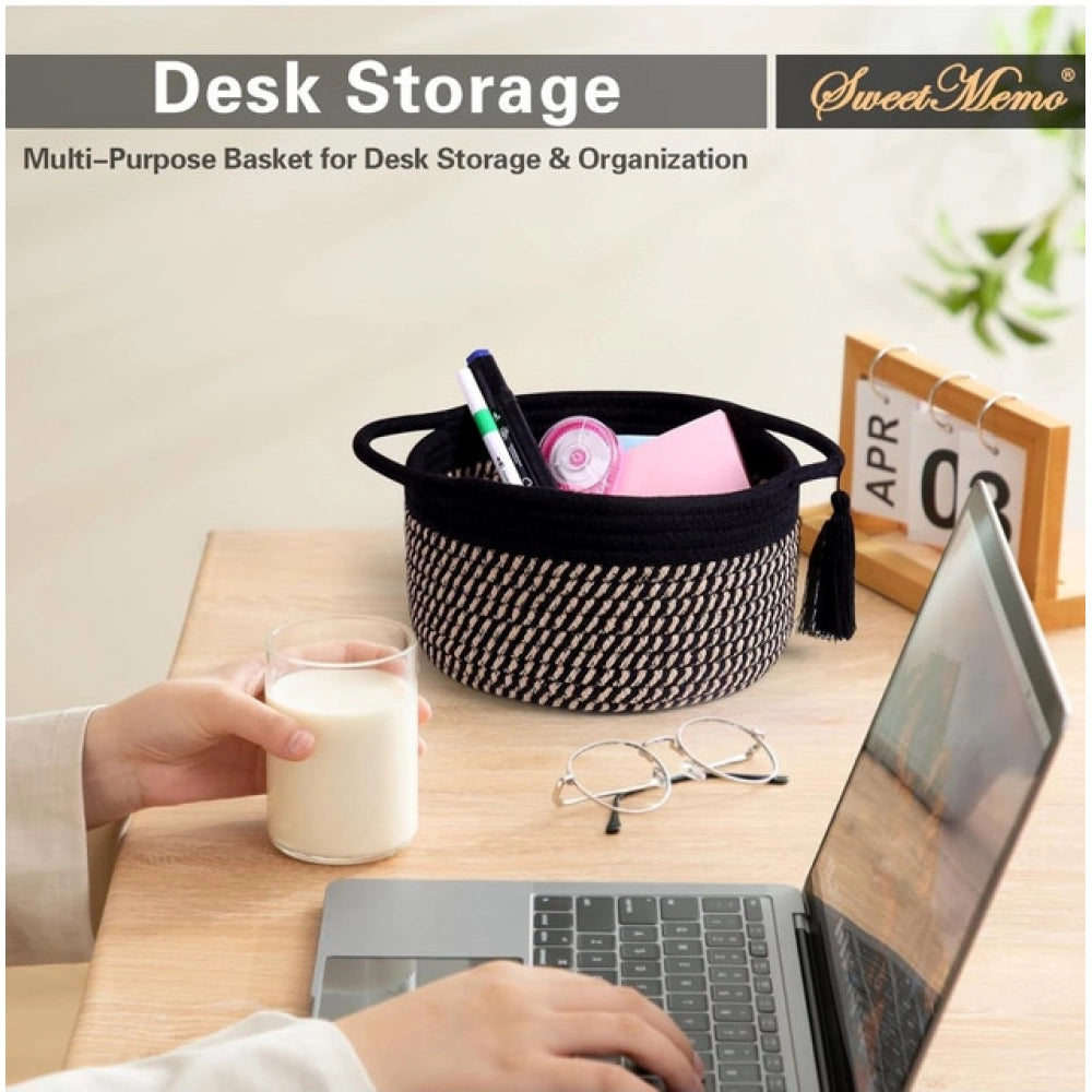 Black beige cotton round baskets set with Jhalar bedside organizer, perfect for bathroom, living room & kitchen organization