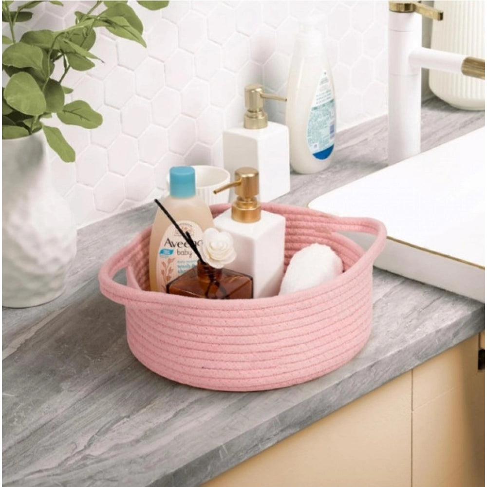 Pink cotton round bedside organizer, multi-purpose storage for bathroom, living room, kitchen, or kids toys