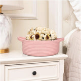 Pink cotton round bedside organizer, multi-purpose storage solution for bathroom, living room, and kitchen