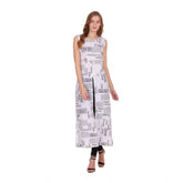 White crepe casual sleeveless slit dress with printed pattern, ideal for summer occasions