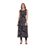 Black crepe printed casual sleeveless slit dress for women
