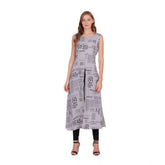 Light grey printed crepe sleeveless slit dress for women's casual wear