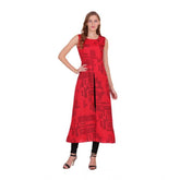 Red crepe printed sleeveless slit dress for women's casual wear