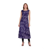 Navy blue crepe printed sleeveless slit dress for women's casual wear