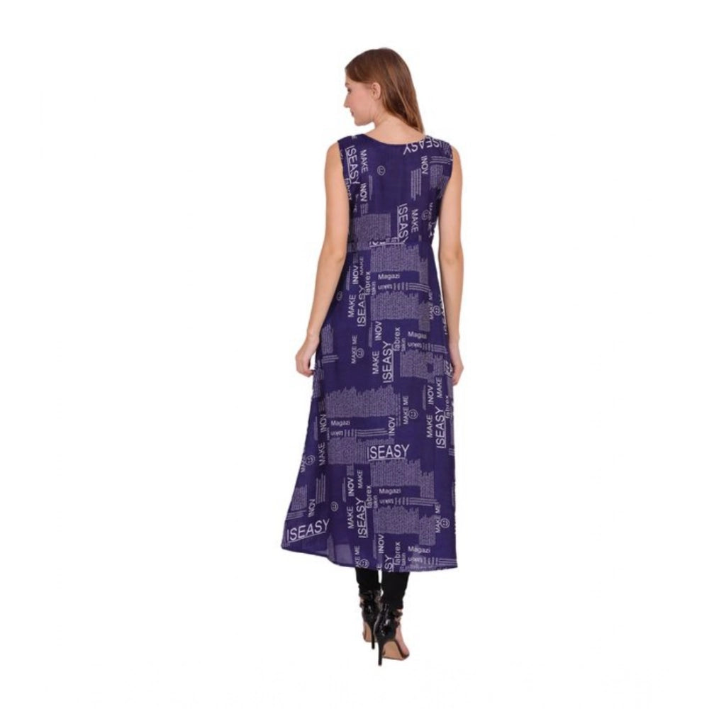 Navy blue crepe printed sleeveless slit dress for women's casual wear