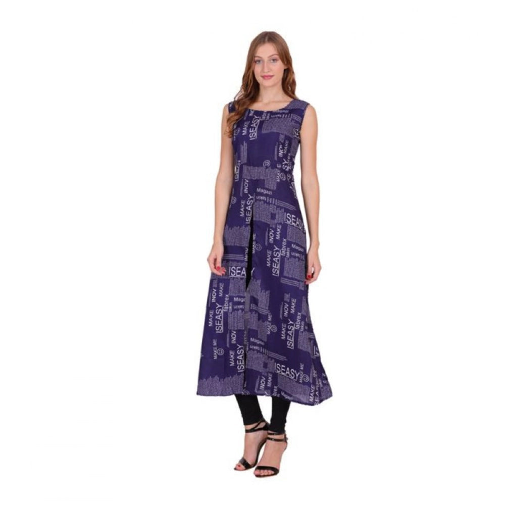Navy blue crepe printed sleeveless slit dress for women's casual wear