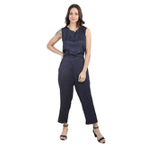 Navy blue crepe sleeveless jumpsuit for women, solid pattern and round neck