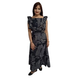Black crepe printed casual sleeveless dress for women, off-shoulder style on mannequin