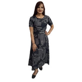 Black crepe printed women's casual half-sleeve dress on mannequin