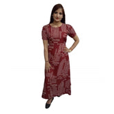 Maroon printed crepe casual dress for women, half sleeves and round neck