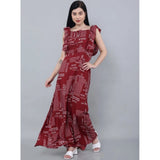 Maroon printed crepe sleeveless dress for women's casual wear