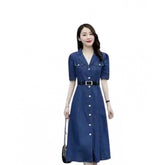 Blue denim casual dress with half sleeves, solid pattern for women's wardrobe
