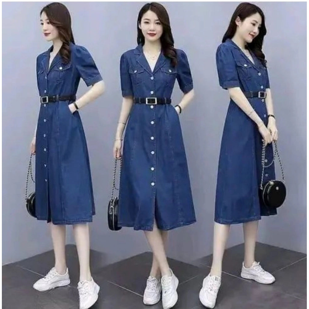 Blue denim casual half sleeve dress for women, solid pattern, shirt collar neckline