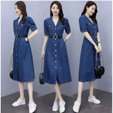 Blue denim casual half sleeve dress for women, solid pattern, shirt collar neckline
