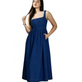 Blue denim casual sleeveless dress, off-shoulder style for women's summer wardrobe