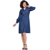 Blue denim casual dress with full sleeves, solid pattern for women