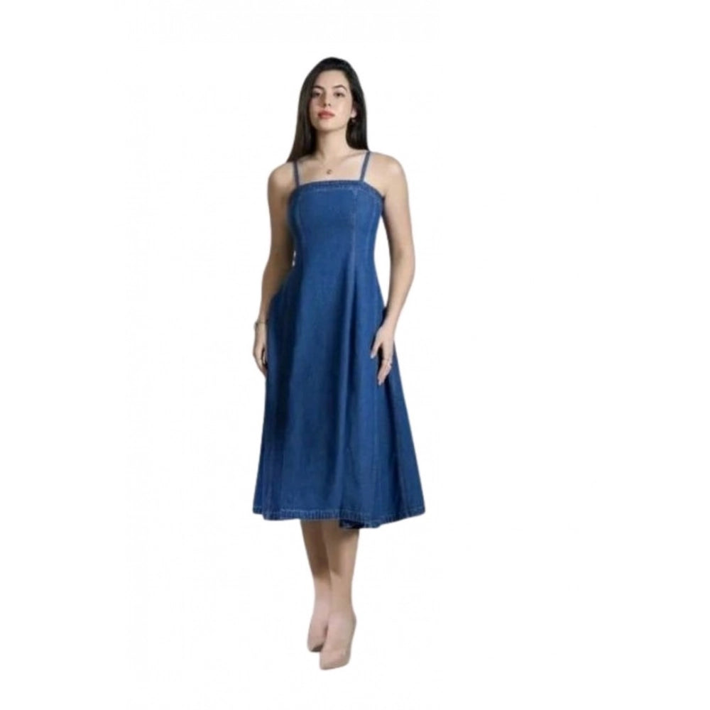 Blue denim casual sleeveless dress, off-shoulder style for women