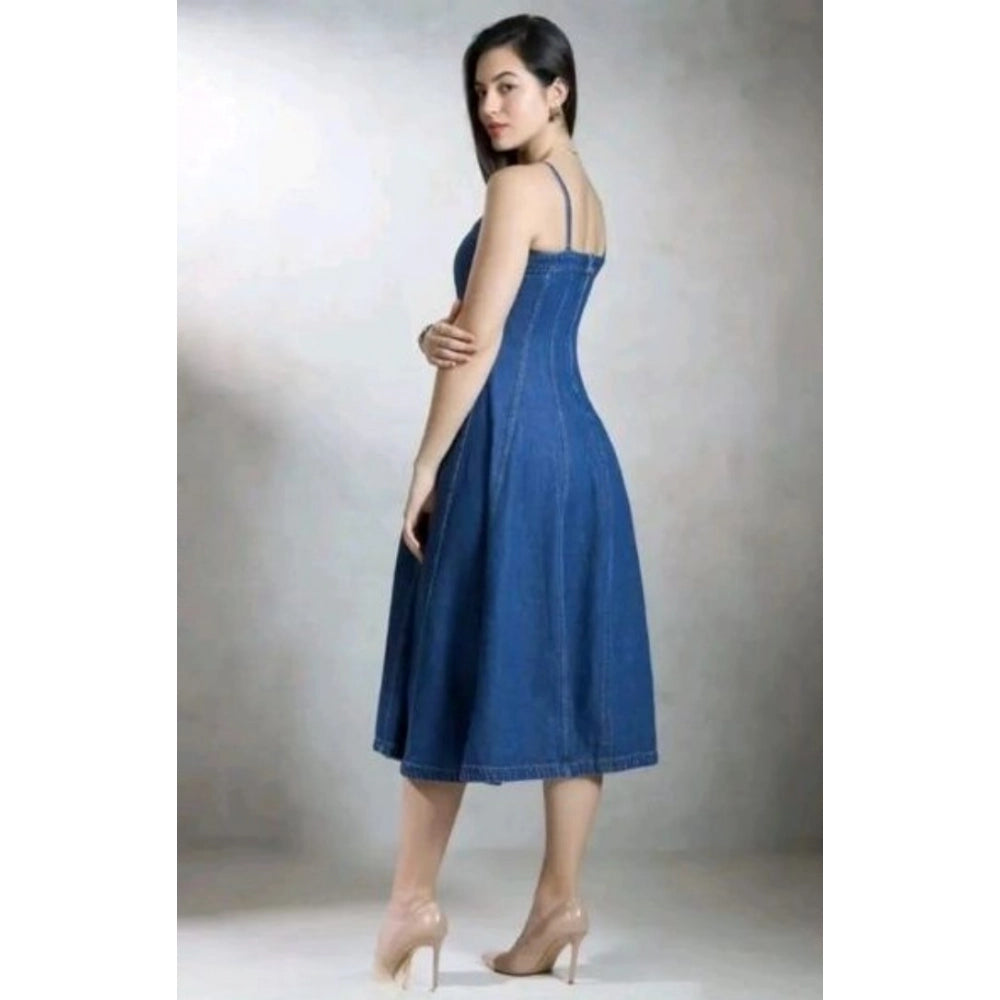 Blue denim casual sleeveless dress with off-shoulder neckline for women