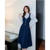 Blue denim sleeveless dress, solid pattern, off-shoulder style for women's casual wear