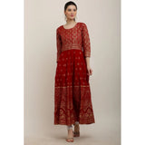 Red rayon printed Anarkali kurti with 3/4th sleeves, ideal for casual wear