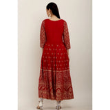 Red printed rayon 3/4th sleeves Anarkali kurti for women on hanger