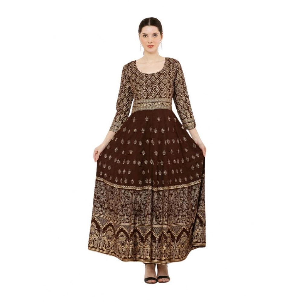 Brown printed rayon 3/4th sleeves Anarkali kurti for casual wear
