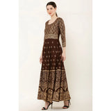 Brown rayon printed Anarkali kurti with 3/4th sleeves and round neck on woman