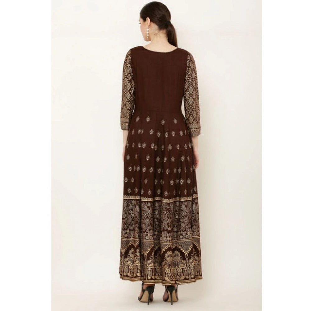 Brown rayon printed 3/4th sleeves Anarkali kurti for women casual wear