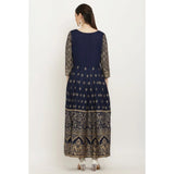 Blue rayon printed 3/4th sleeves Anarkali kurti for women on model, casual wear with round neck