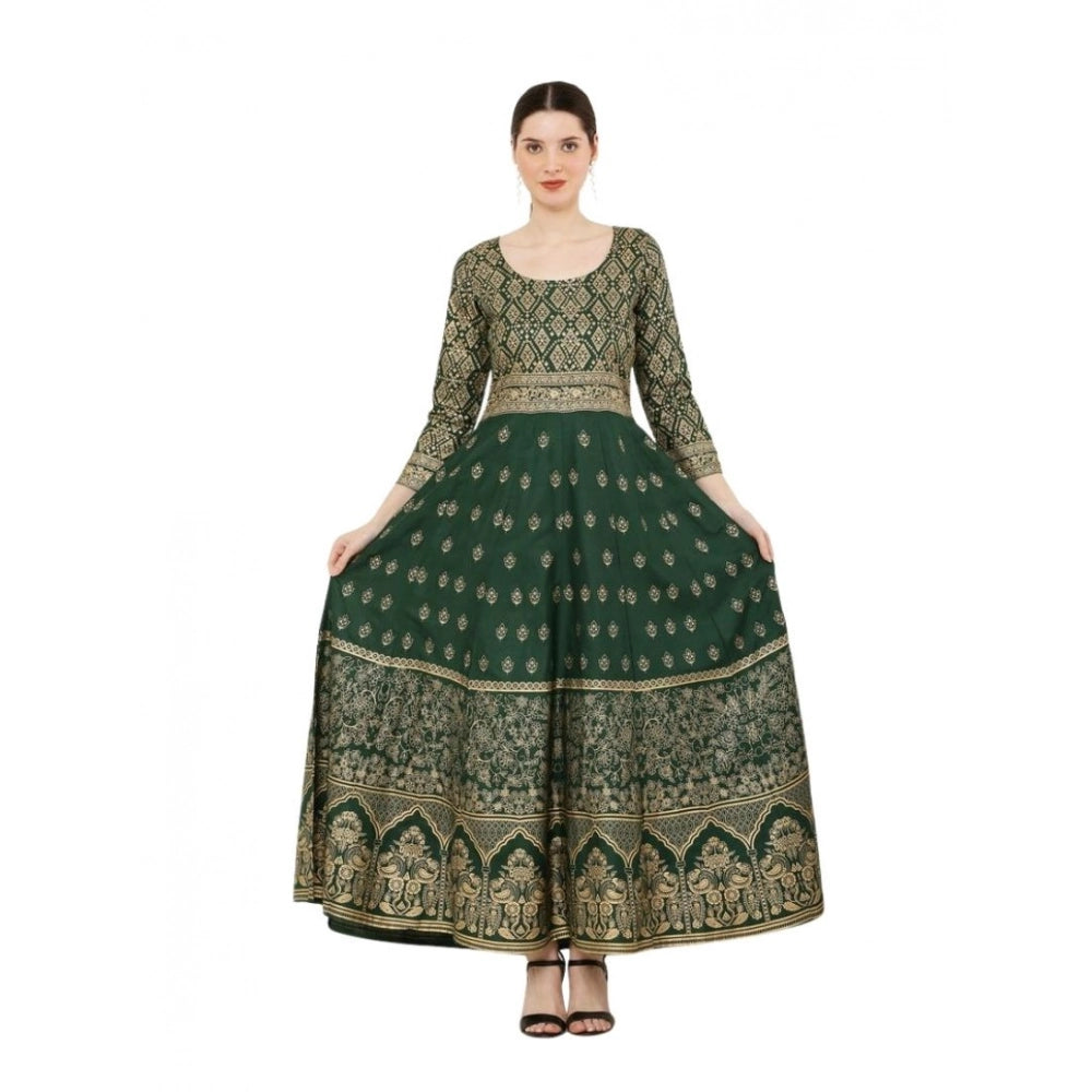 Green printed rayon Anarkali kurti with 3/4th sleeves on a mannequin