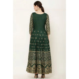 Green rayon printed 3/4th sleeves Anarkali kurti for women, casual and stylish clothing accessory on hanger