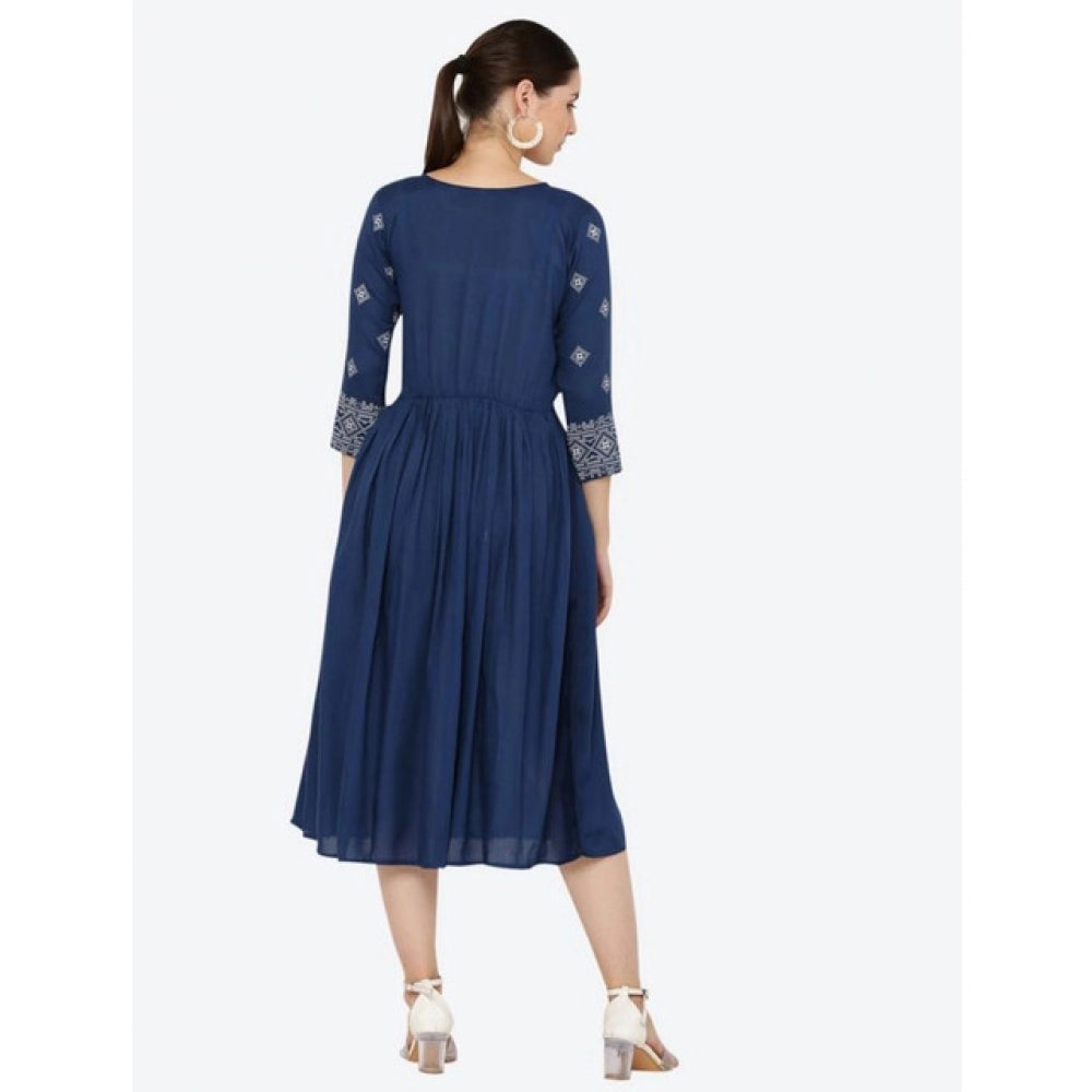 Blue printed rayon 3/4th sleeves kurti for women on mannequin