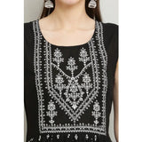 Black rayon printed sleeveless kurti for women, casual and comfortable style on mannequin