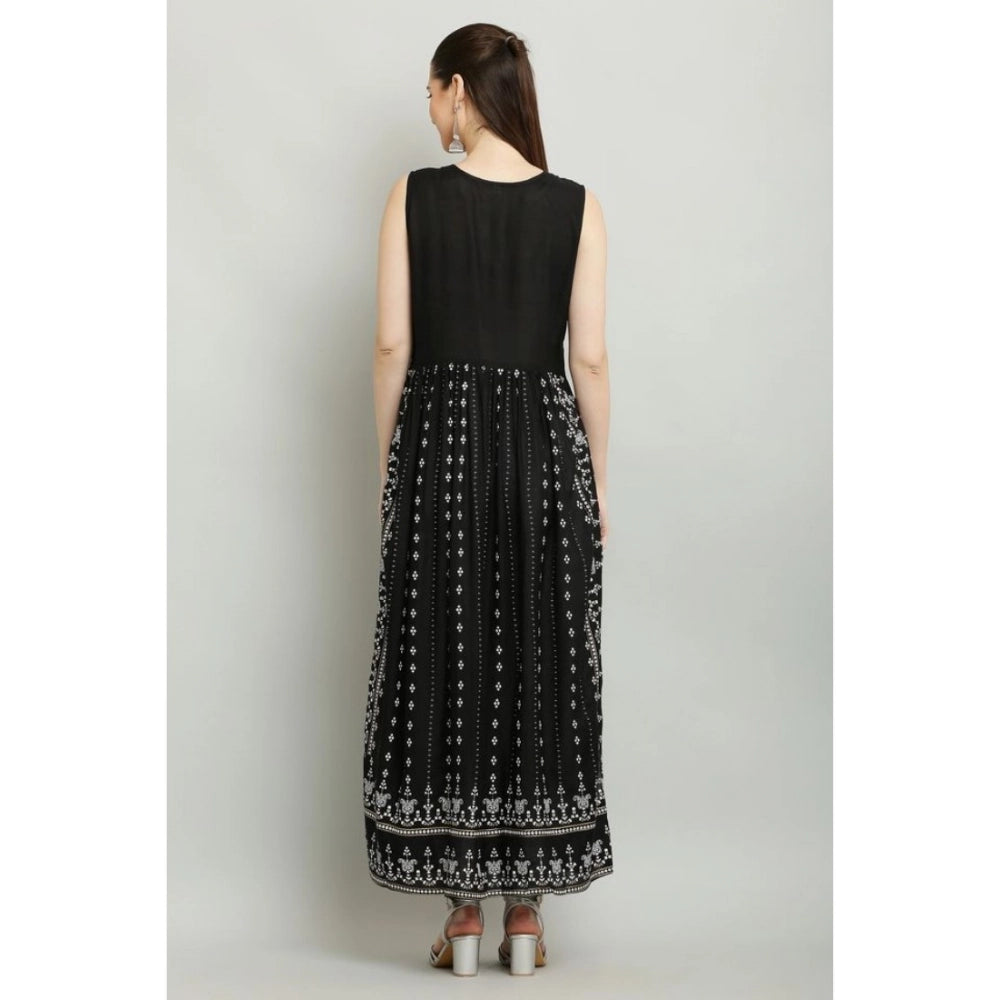 Black rayon sleeveless kurti with printed pattern, suitable for casual wear