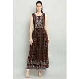 Brown rayon printed sleeveless kurti for women's casual wear
