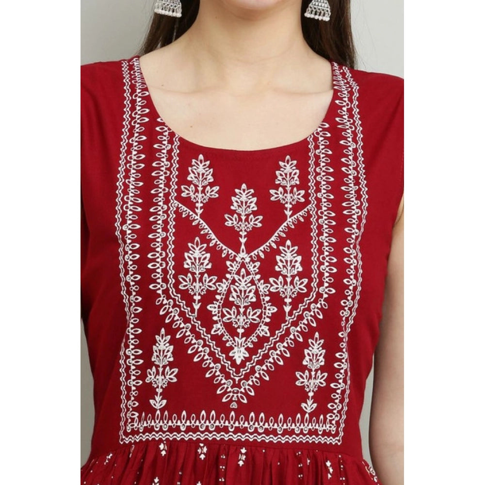 Maroon printed rayon sleeveless kurti for women, casual everyday wear on mannequin
