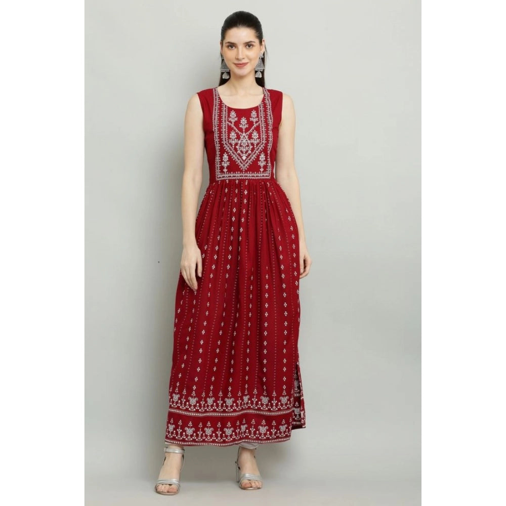 Maroon rayon printed sleeveless kurti for women - casual and versatile fashion accessory