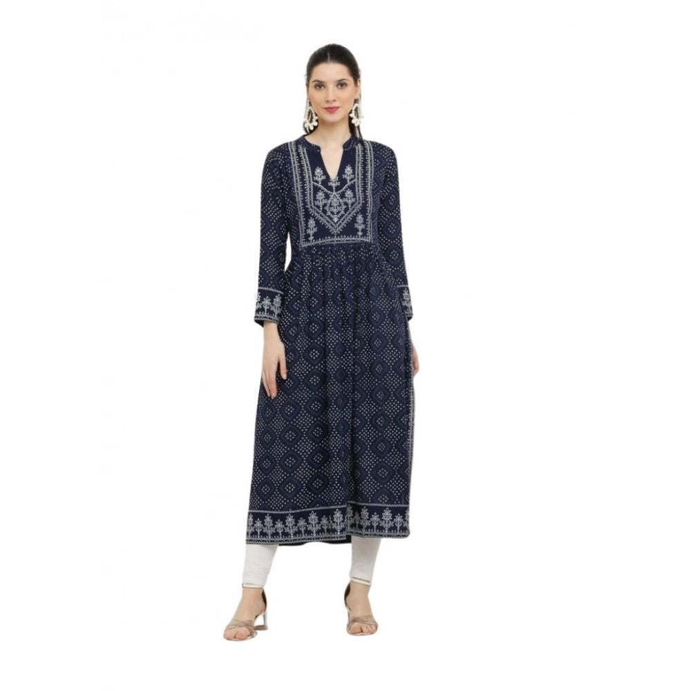 Blue rayon casual kurti with printed design, full sleeves and round neck on mannequin